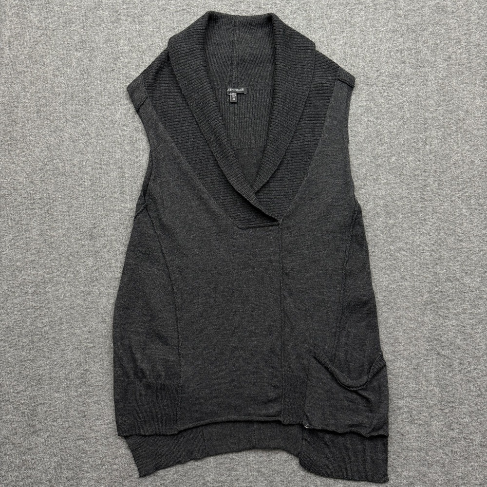 Eileen Fisher Sweater Vest Womens XS Gray Merino Wool Shawl Collar Pullover Top‎